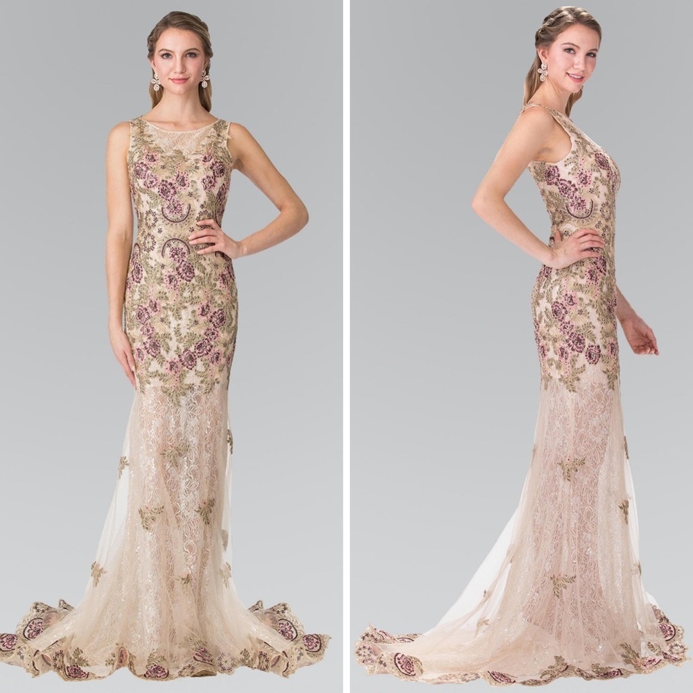 Dave & Johnny Beige and Purple Embellished Prom Dress